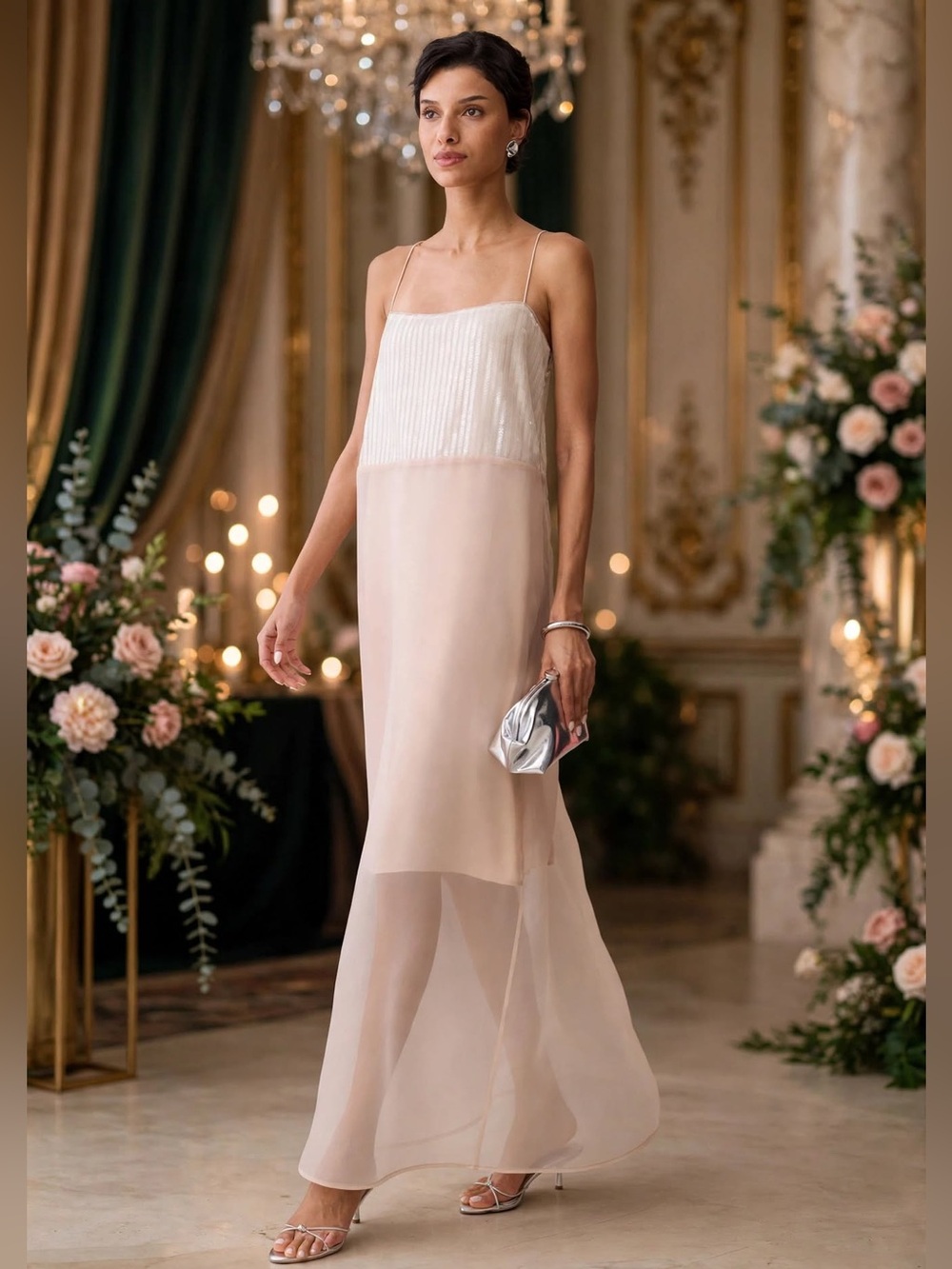 o.p.t Lumen Dress Elegant Blush Slip Maxi Dress with Sheer Overlay Sz S